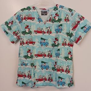 Christmas Traveling with Santa Scrub Top